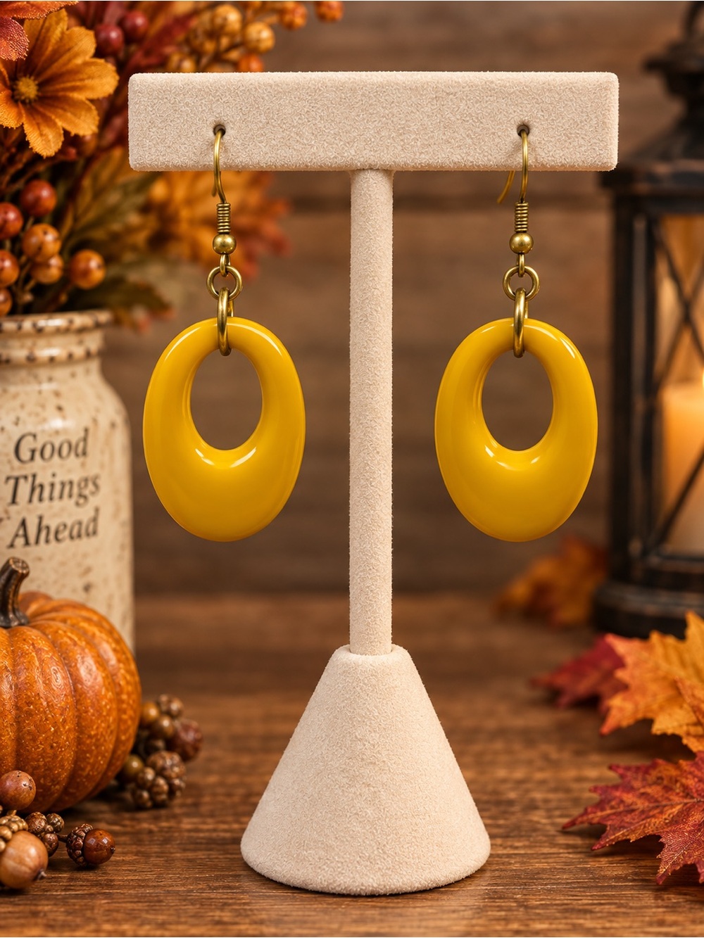 Mustard Yellow Oval Drop Earrings Antiqued Gold Tone Retro Boho Statement Dangle